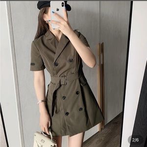 Button down belted short sleeve trench coat dress